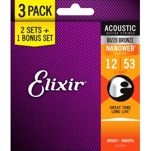 Elixir 16539 80/20 Bronze Nanoweb Light 12 - 53 Acoustic Strings 3 Pack