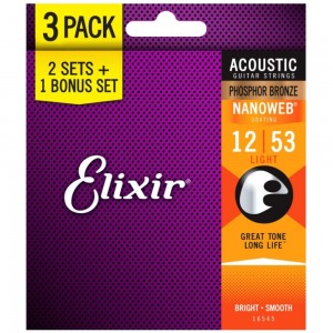 Elixir 16545 Phosphor Bronze Nanoweb Light 12 - 53 Acoustic Guitar 3 Pack