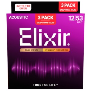 Elixir 16565 Acoustic Nanoweb 80/20 Bronze Light (12-53) - 3 Pack 11052