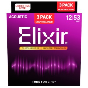 Elixir 16569 Acoustic Nanoweb 92/8 Phosphor Bronze Light ( 12-53 ) - 3 Pack 16052 Elixir 16569 Acoustic Nanoweb 92/8 Phosphor Bronze Light ( 12-53 ) - 3 Pack 16052