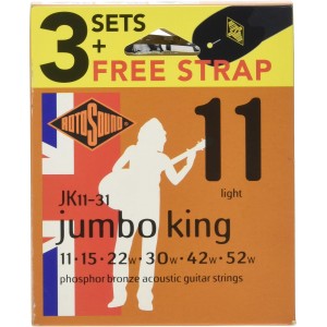 Rotosound JK11 Jumbo King Phosphor Bronze Light Strings 11-52 - 3 Pack with Free Strap