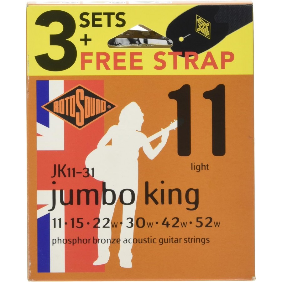 Rotosound JK11 Jumbo King Phosphor Bronze Light Strings 11-52 - 3 Pack with Free Strap