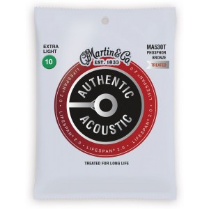 Martin MA530T Authentic Acoustic LifeSpan 2.0 Acoustic Guitar Strings, Phosphor Bronze, Extra Light, 10-47